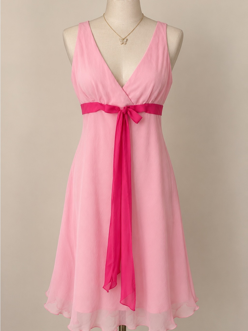 Bisou Bisou Light Pink Midi Dress with Hot Pink Waist Tie